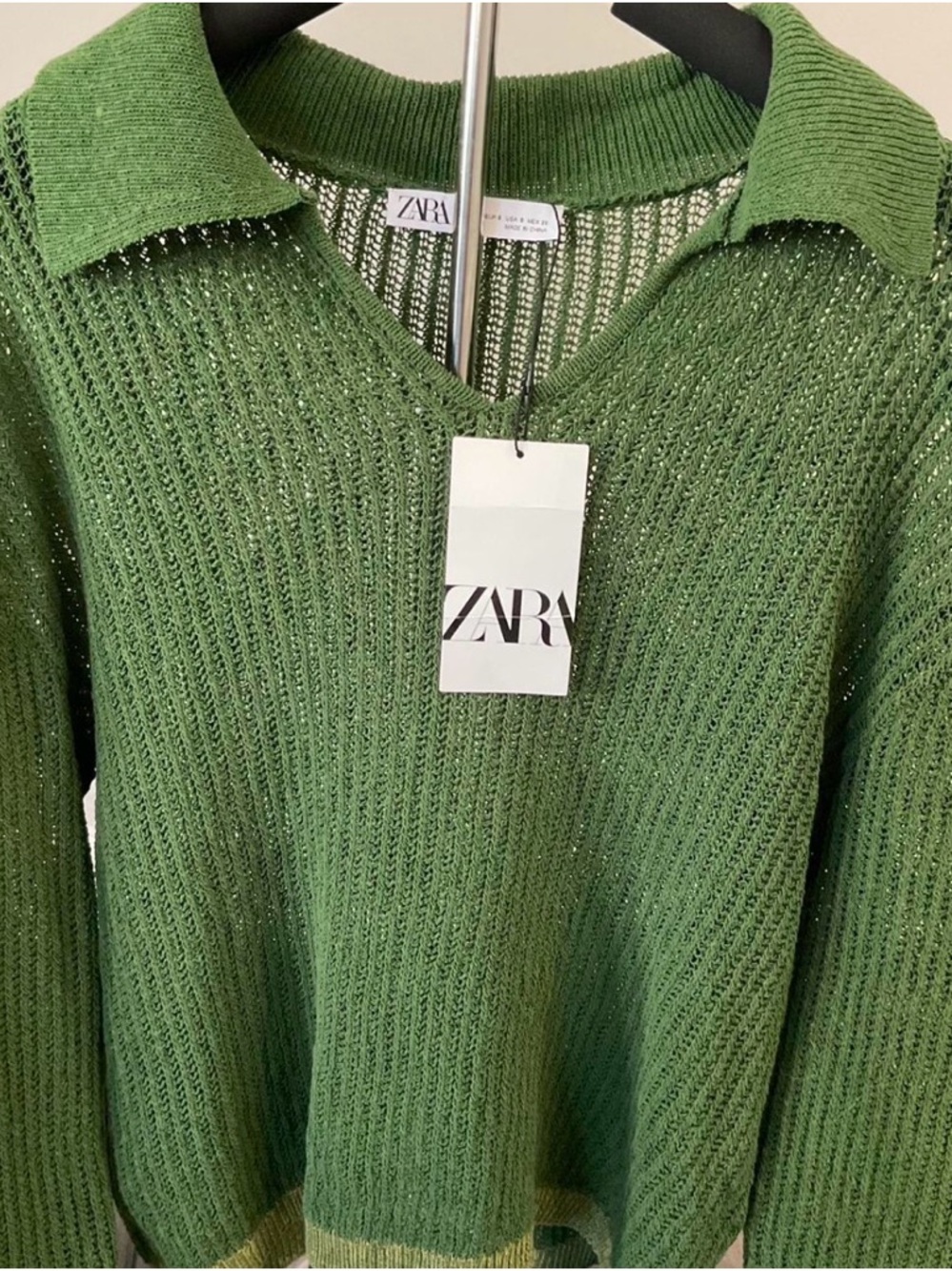 Zara Olive Green V-Neck Collared Knit Sweater